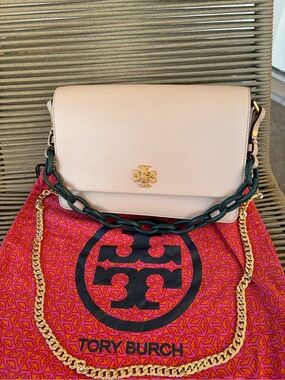 EUC Tory Burch Pink Beige Leather Bag with Chain Handle & Gold Crossbody